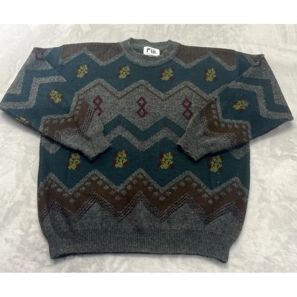 Fiii Sweater Men XL Brown Geometric Crew Neck Wool Acrylic Blend Pullover Italy